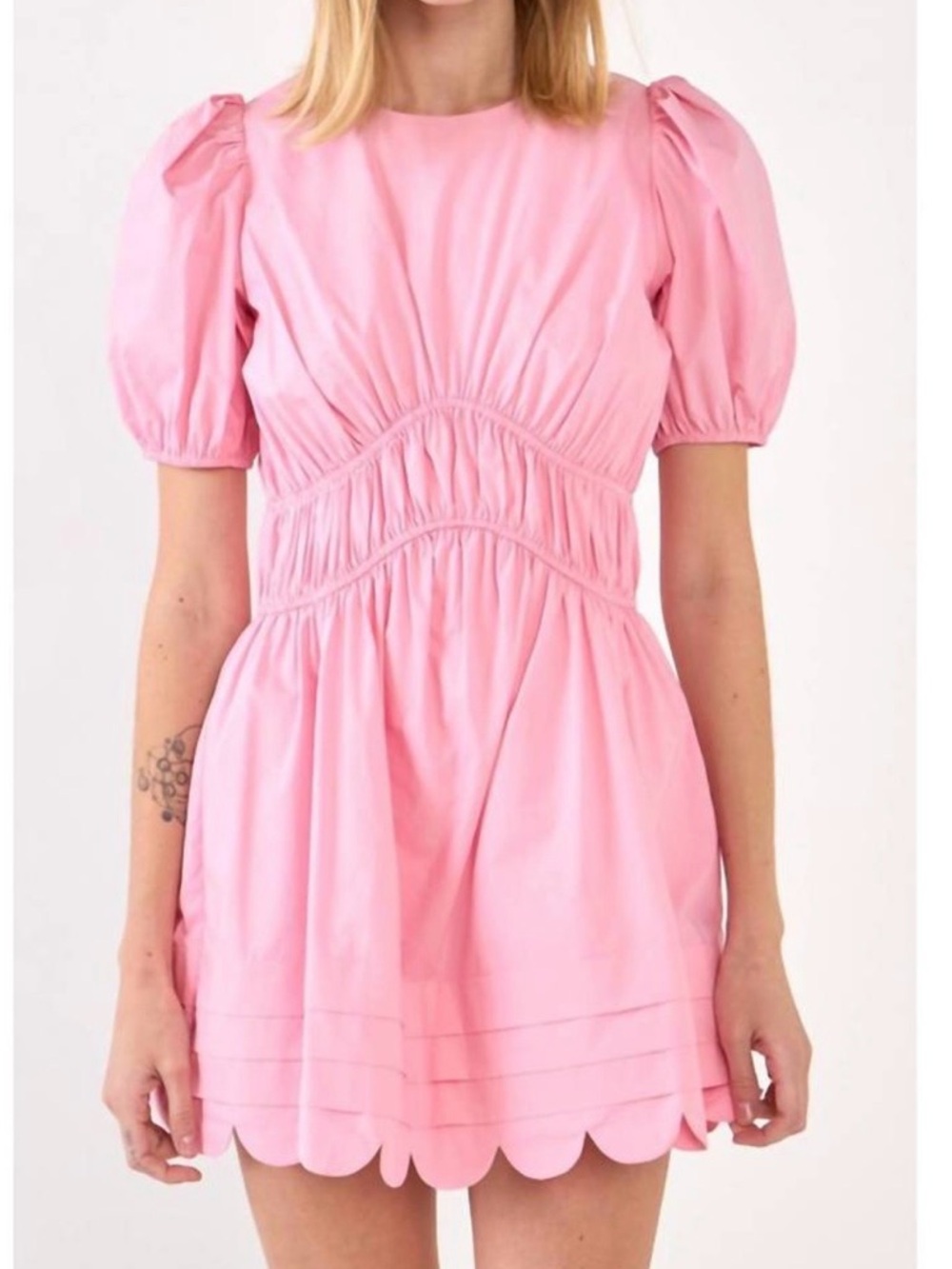 English Factory Light Pink Puff-Sleeve Scalloped Mini Dress